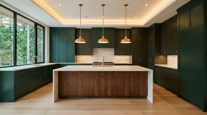 Emerald Shaker Kitchen & Waterfall Island
