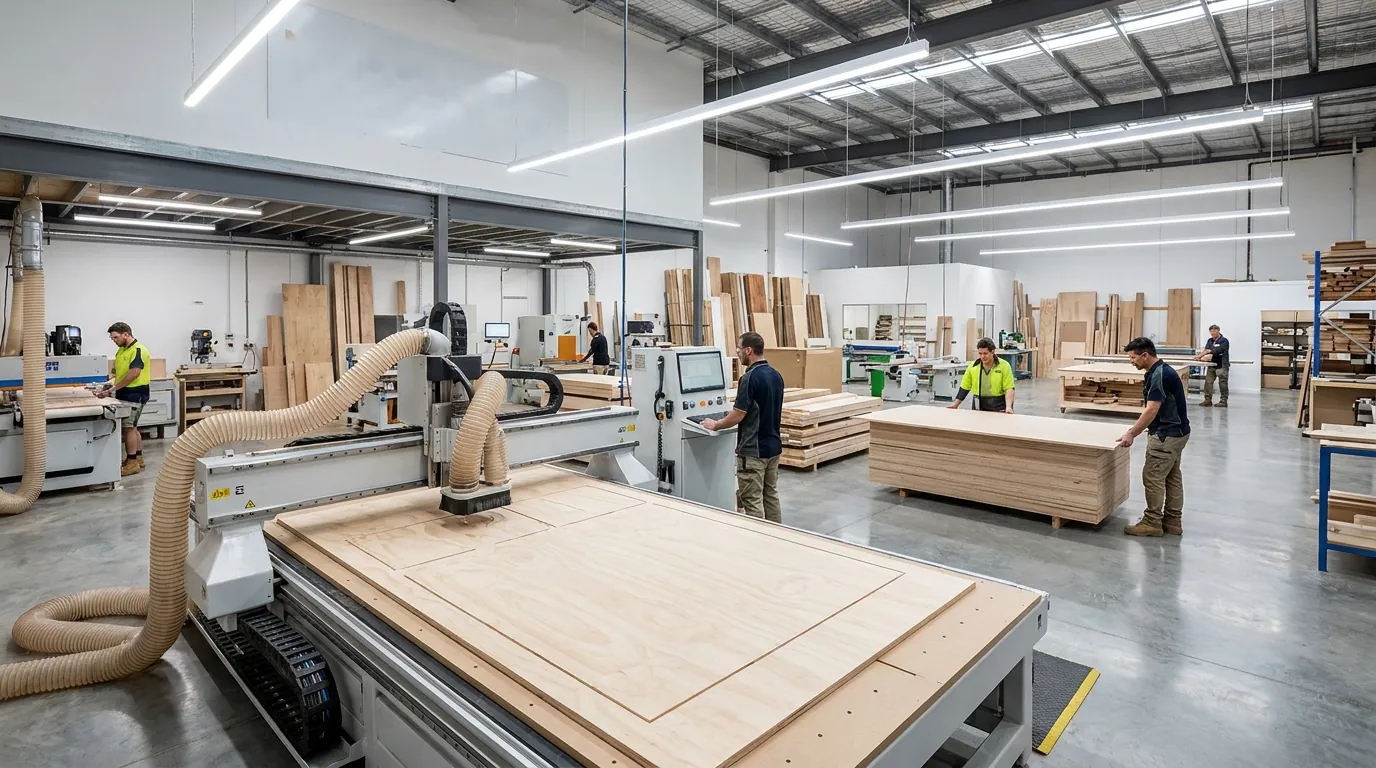 CNC router and cabinet panels on the OM Industries shop floor